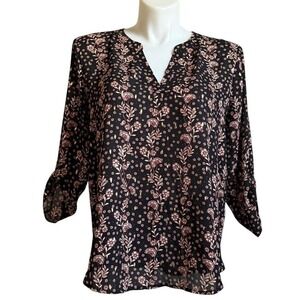 Maurices Womens Black Floral Gold Metallic Roll Tab Sleeve V-Neck Blouse Top XL